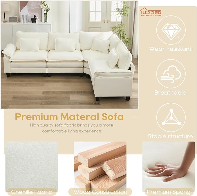 URRED Cloud Couch Modular Sectional Sofa, 116" Modern L Shaped Deep Seat Sofa with Pillows, Ultra Comfy Chenille Corner Couches for Living Room, Bedroom or Apartment, White