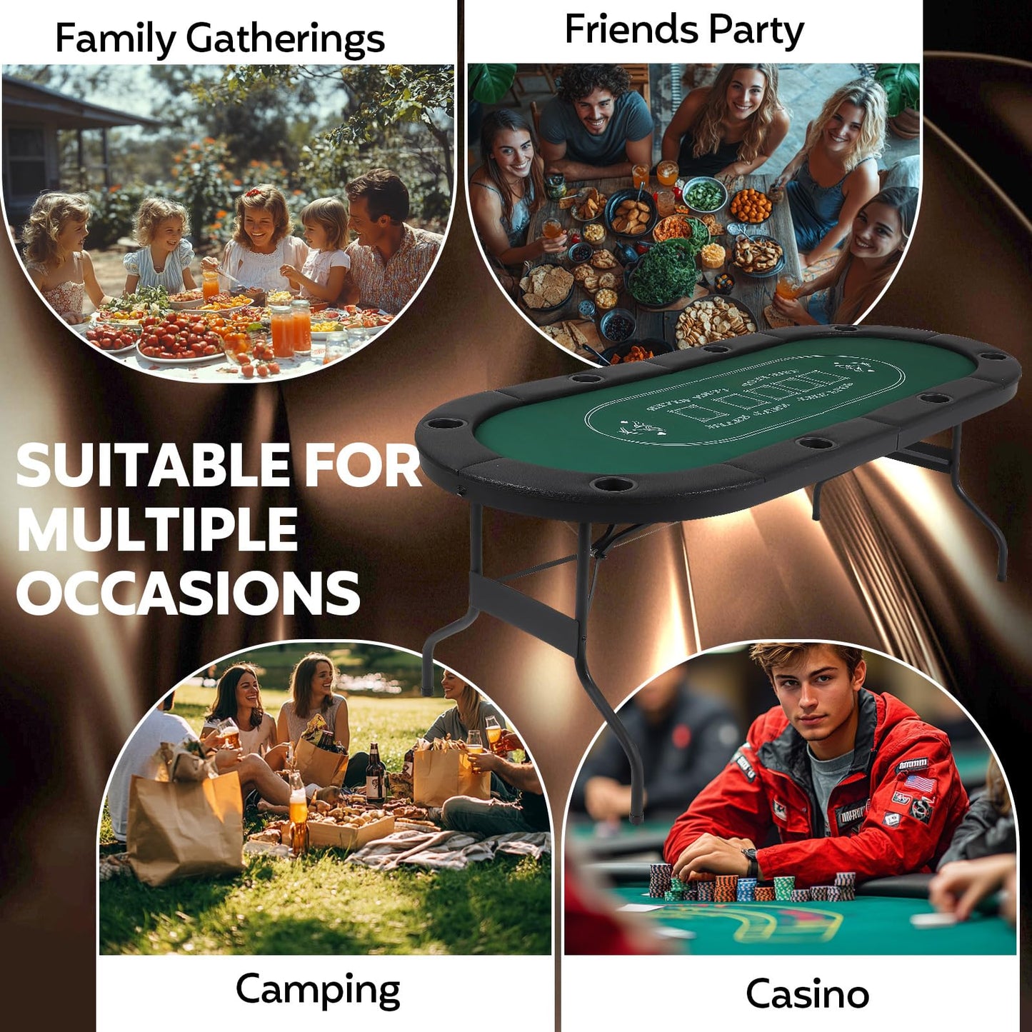 FAHKNS 72" Portable Poker Table, Folding Poker Table, 8 Player Texas Holdem Blackjack Table with 8 Cup Holders, Padded Surface for Casinos & Home