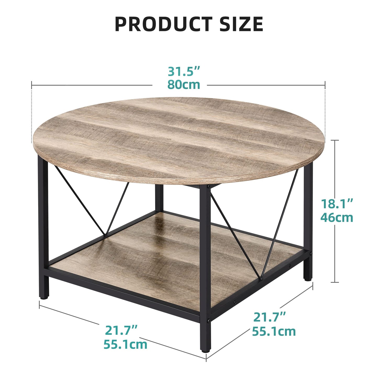 YITAHOME Round Coffee Table, Rustic Wood Coffee Tables for Living Room, Farmhouse Circle Coffee Table with 2-Tier Storage, Center Table with Sturdy Metal Legs Storage Shelf, Grey Wash