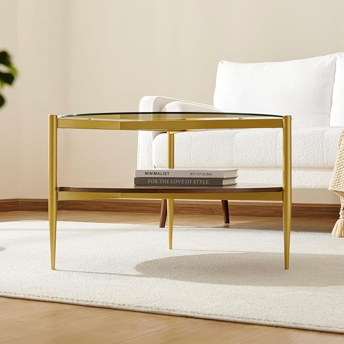 Pine Flicker Round Coffee Table, Mid-Century Modern Design, D30*H17 inch, for Living Room, 2-Tier Structure, Clear Glass Top and Walnut MDF Shelf, Sleek Conical Metal Legs with Gold Finish