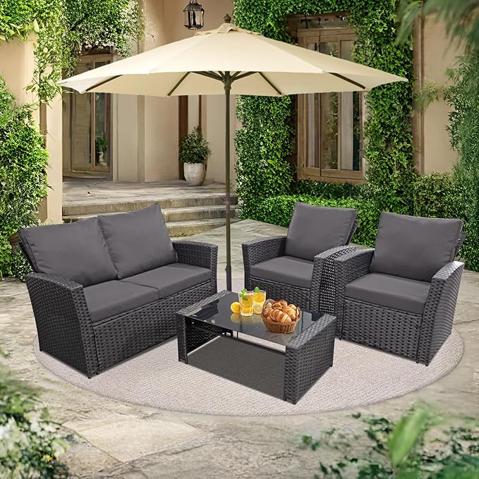FHFO 4 Piece Outdoor Patio Furniture Set,Wicker Conversation Sets Outdoor Sectional Patio Sofa Couch with Cushions & Coffee Table for Outside, Garden, Balcony, Porch,Black/Grey