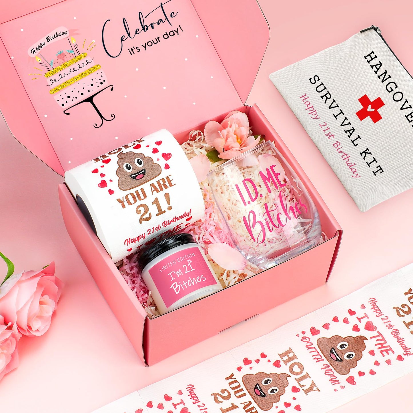 21st Birthday Gifts for Her Unique 21 Year Old Birthday Gifts for Her Funny Gift for 21 Year Old Female 21st Bday Decorations for Women - Wine Glass Toilet Paper Candle Makeup Bag
