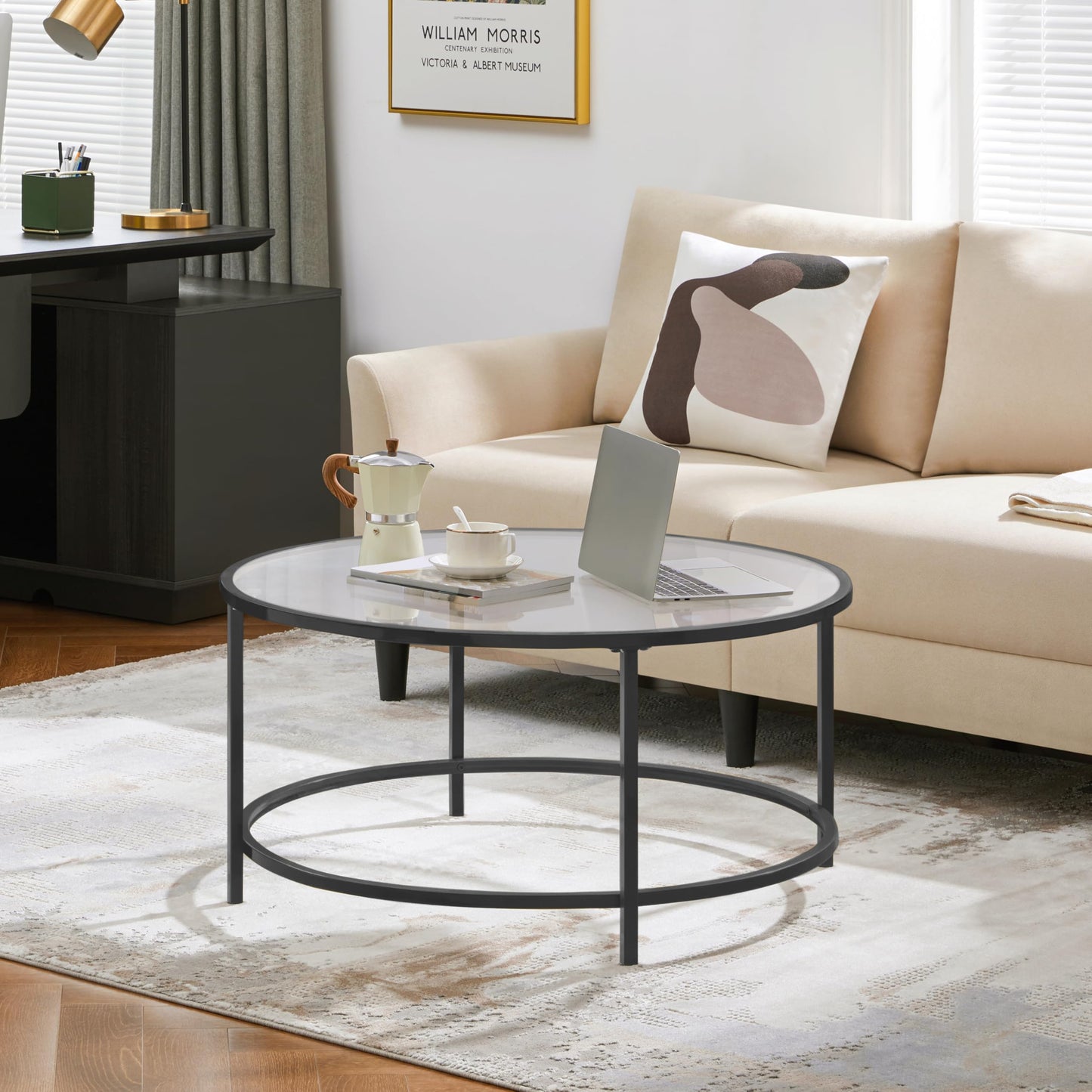 Yaheetech 36" Round Glass Coffee Table, Black Circle Coffee Table Center Table with Glass Top, Small Coffee Table for Living Room, Office & Apartment