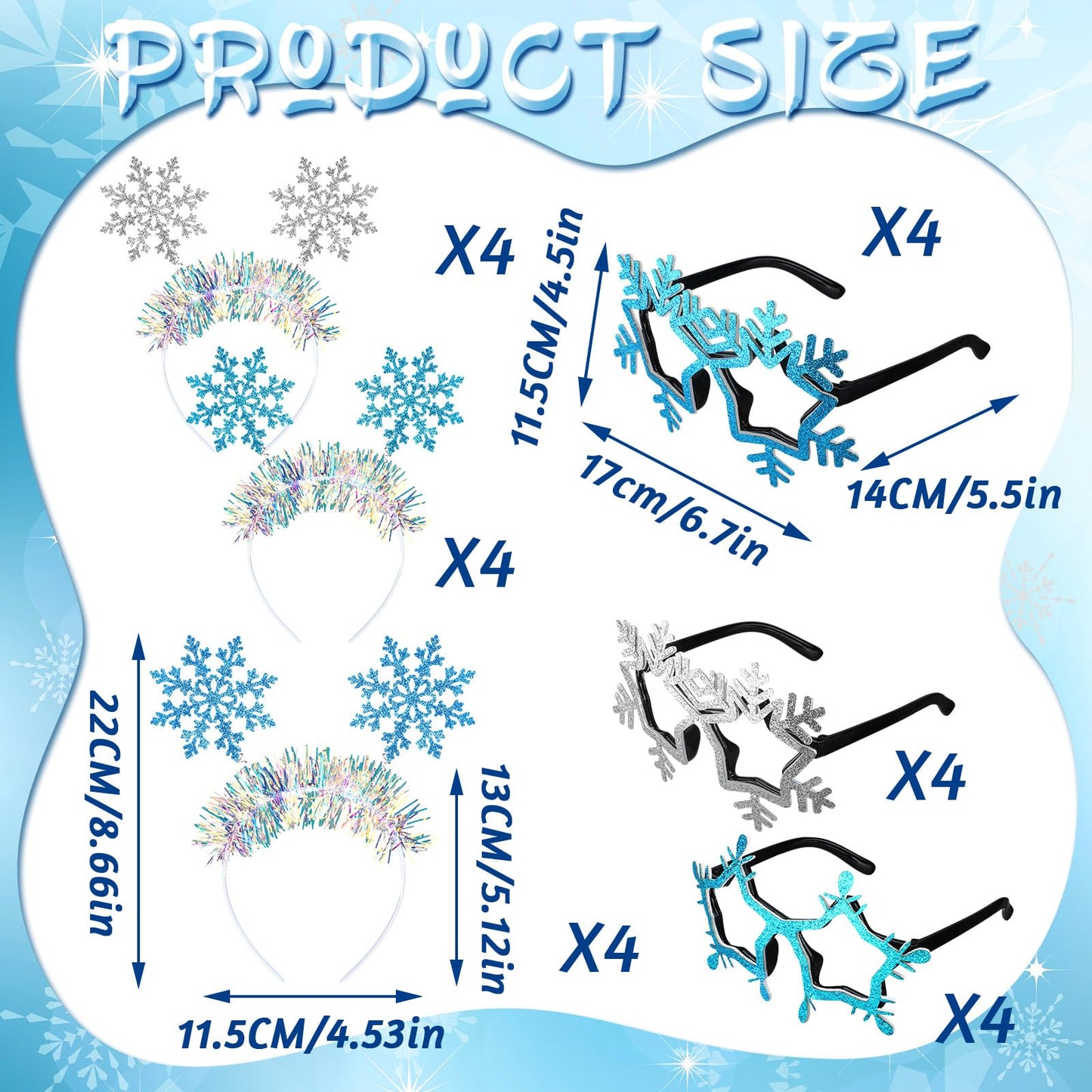 Riceshoot 12 Pcs Christmas Snowflake Headbands Snowflake Glasses Set Christmas Glittered Eyewear Headbands Accessories Party Favors