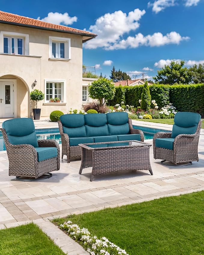 ACTREST Luxury 22x24/22x25 6-Inch Smile Outdoor Cushions - 1 Set Deep Seat Water-Resistant Patio Furniture Replacement Cushion for Wicker Wood Metal Chair Glider Rocker Loveseat Sofa - Peacock Blue