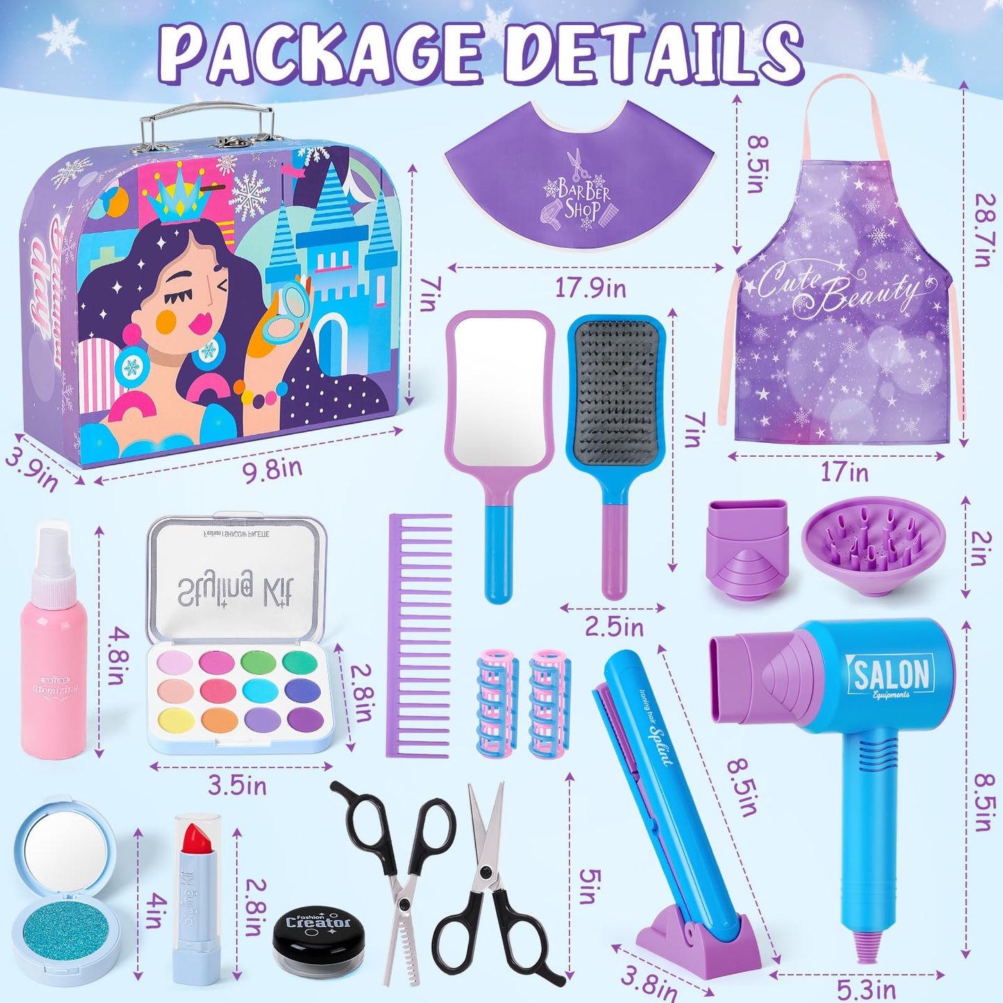 Cleboen Hair Salon Toys for Girls, Kids Pretend Play Beauty Salon Hair Styling Set with Blow Dryer Straightener Mirror Apron Styling Accessories & Makeup Set, Birthday Gifts for Girls 3 4 5 6 7 8+