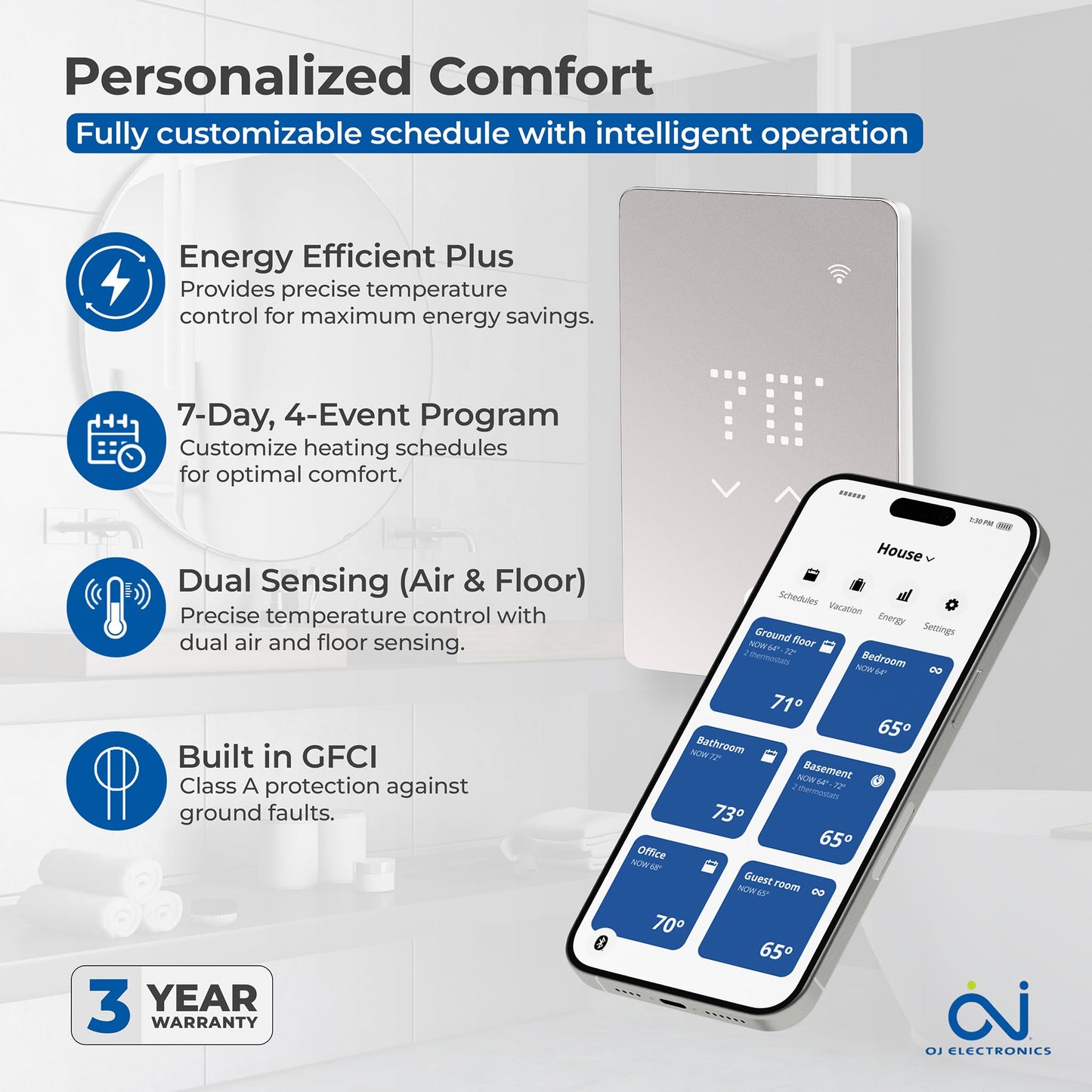 OJ Microline UWG5 LED Smart Heated Floor Thermostat - WiFi & Touchscreen - 120/240v - Programmable with Voice Control - Radiant Floor Heating Thermostat with GFCI & Flooring Sensor