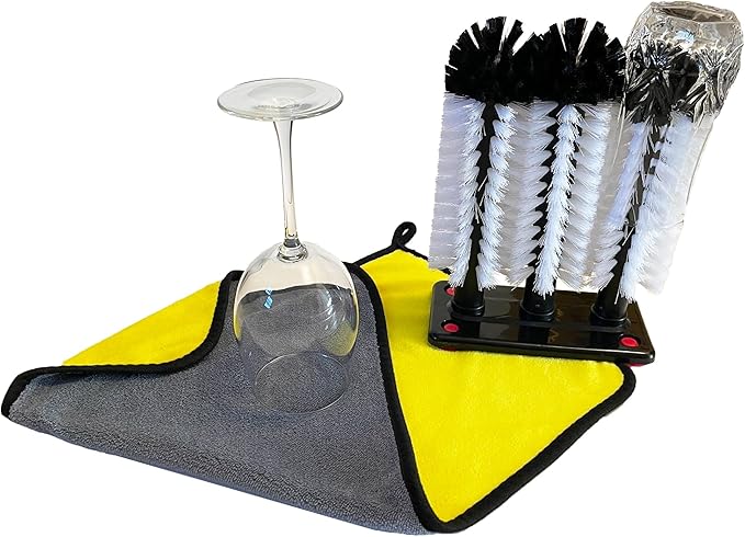 Water Bottle Cleaning Brush - 4 Pack - 3 Brush Bar Glass Cleaner - Brushes for Large Cups Glasses and Bottles - Suction Cups for Stable Grip on Sink, Bar and Kitchen Top - Includes 4 Cleaning Cloths