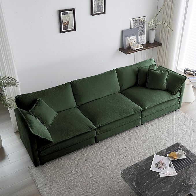 mikibama Luxury Modular Sectional Sofa, 111.5" Modern Chenille Comfy Cloud Couches for Living Room Office, 3 Seater Deep Sofa with 2 Armrest Pillows and 3 Toss Pillows, Evergreen