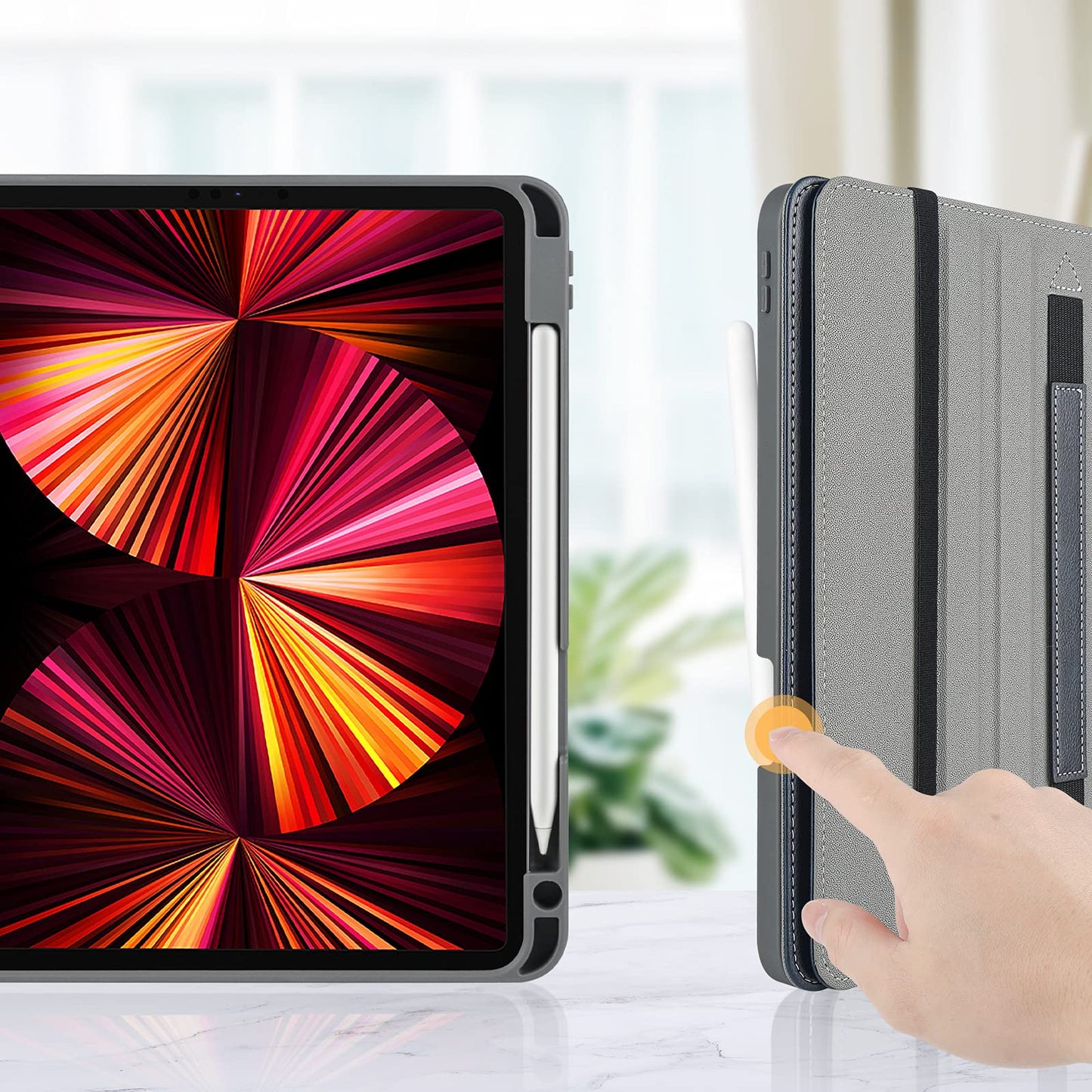 Ipad Pro 12.9 5Th Generation Case With Pencil Holder And Pocket, Multiple Angles Viewing Flip Folio Protective Cover Auto Sleep/