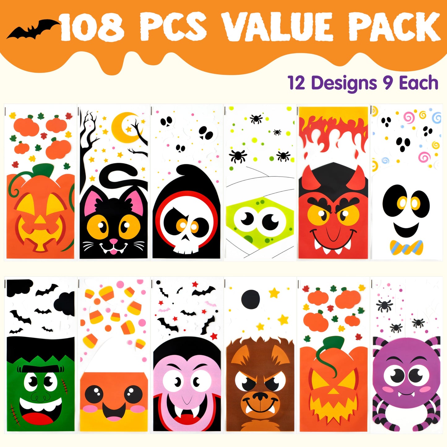 JOYIN 108 Pcs Halloween Cellophane Bags for Sweet Candy Treat, Goodie Gift Bags Bulk with Twist Tie for Kids Trick or Treating, Halloween Day Table Decor and Party Favor Supplies in 12 Designs