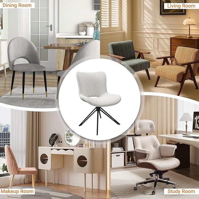 VATROS Dining Chairs Set of 4, 360° Swivel Upholstered Mid-Century Modern Kitchen Dining Room Chairs, Armless Faux Leather Accent Side Chair with Padded Back, Metal Legs for Living Room Bedrooms White