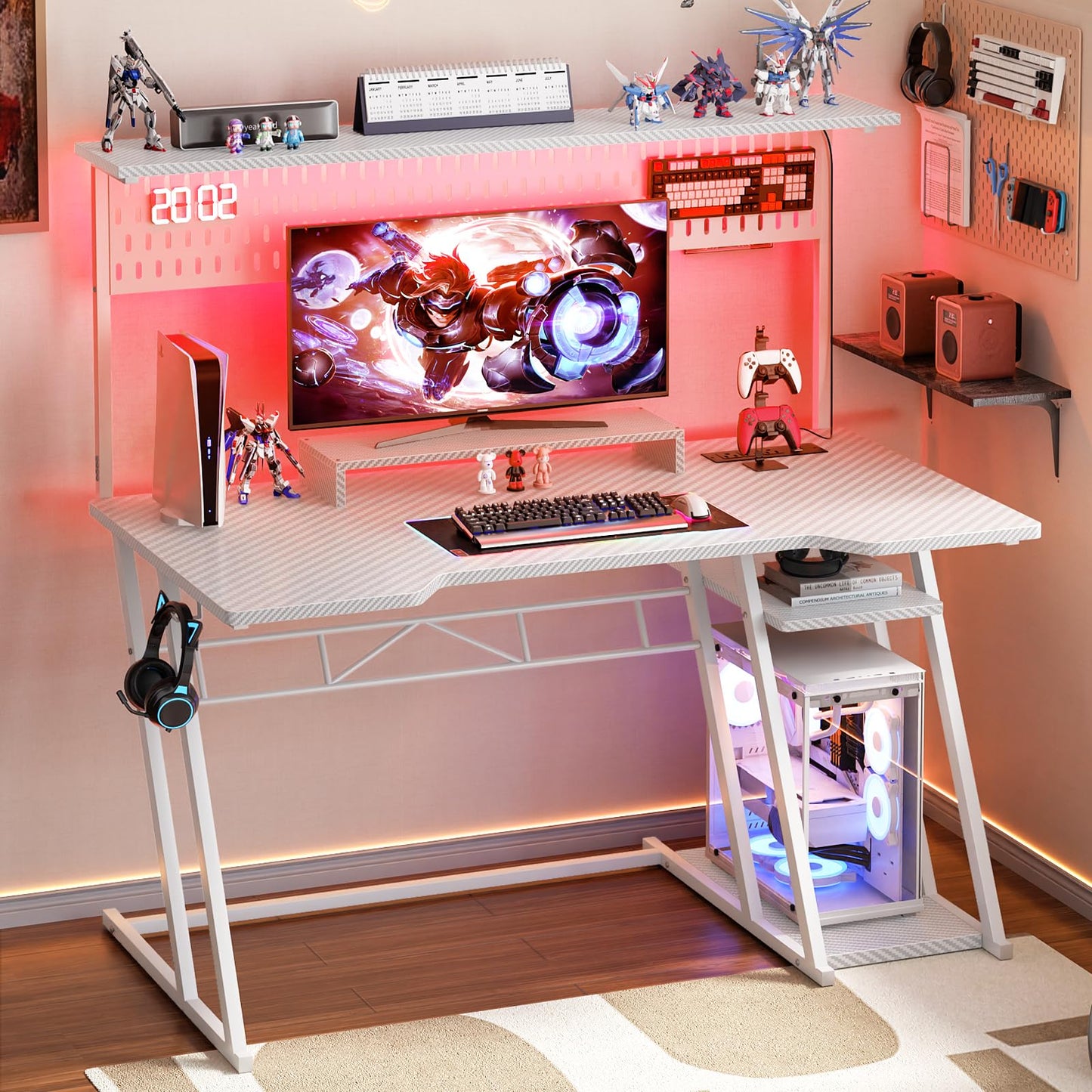 Armocity Gaming Computer Desk with Power Outlets, Gaming Desk with Hutch and LED Lights, Reversible PC Gaming Desk with Pegboard, Carbon Fiber White, 47"