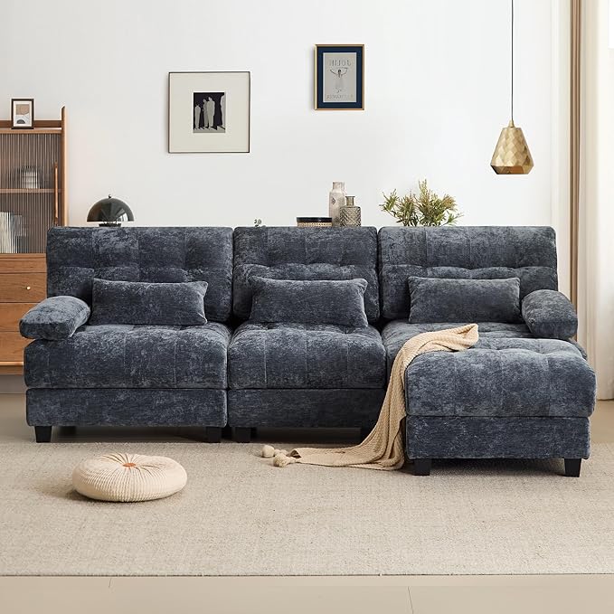 GRAINLLE 93'' Modular Sectional Cloud Couch with 1 Ottoman,Deep Seat Sleeper Sofa L Shaped Sectional Couch,Convertible Upholstered Comfy Chenille Sectional Sofa for Living Room,Bedroom(Blue)