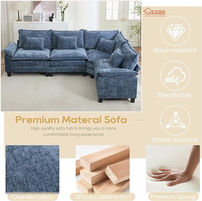 URRED Cloud Couch Modular Sectional Sofa, 116" Modern L Shaped Deep Seat Sofa with Pillows, Ultra Comfy Chenille Corner Couches for Living Room, Bedroom or Apartment, Blue