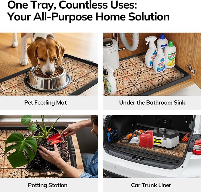 Mibao Boot-Tray Heavy Duty Rubber Shoe Mat with Lip Waterproof Shoe Tray for Entryway Indoor Outdoor Multi Use, Non-Slip Shoe Cleaning Shoe Storage with Artistic Prints, 16" x 47.5", Brown
