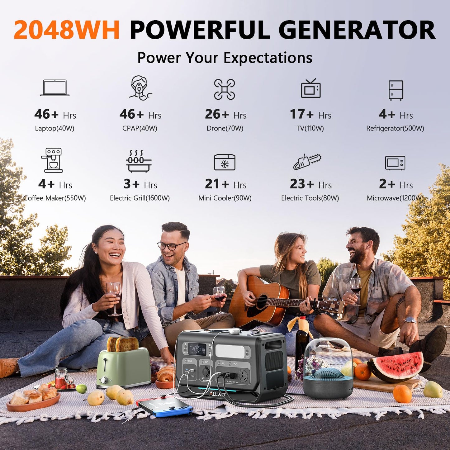 Allwei Lifepo4 Solar Generator 2400W(Surge 4800W) With 2X 400W Solar Panels, 2048Wh Portable Power Station, 4 Ac Outlet, Expanda
