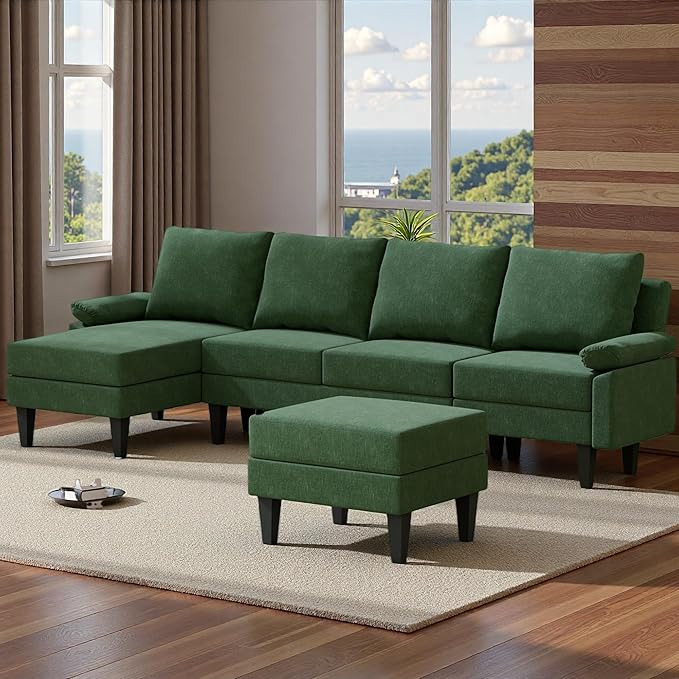 Topcomfy U-Shaped Sectional Couches for Living Room, Convertible 4 Seat Modular Sectional Sofa Set with Ottoman, Modern L Shaped Couch with Chaise for Bedroom Apartment and Office, Chenille Green
