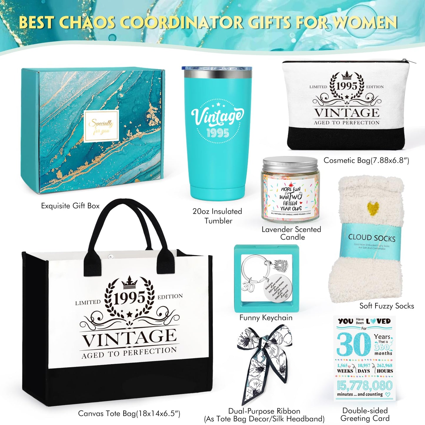 30th Birthday Gifts for Women, Vintage 1995 Dirty Turning 30 Year Old Bday Gifts for Women, 30th Birthday Decorations for Her, Cool Happy Thirty Gift Ideas w/ Canvas Tote Bag for Sister Friend