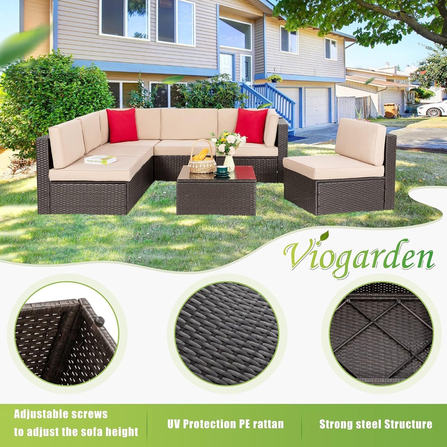Vongrasig 7 Pieces Patio Furniture Sets, Outdoor Modular Sectional Sofa Patio Conversation Set PE Rattan Wicker Sectional Couch with Cushion, Glass Table for Patio, Garden, Poolside, Beige
