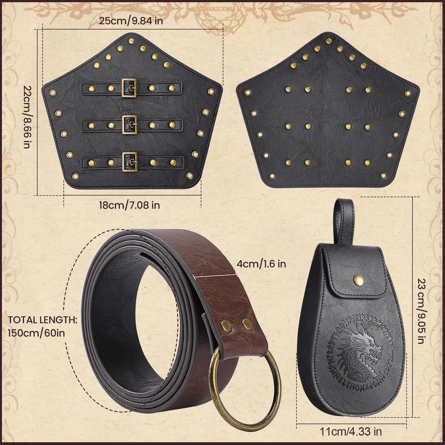 Berenlu 3 PCS Renaissance Accessories, Viking Renaissance Belt Medieval Vintage Belt Pouch and Leather Bracers, Enhance Your Halloween Renaissance Cosplay with Medieval Accessories (Black)