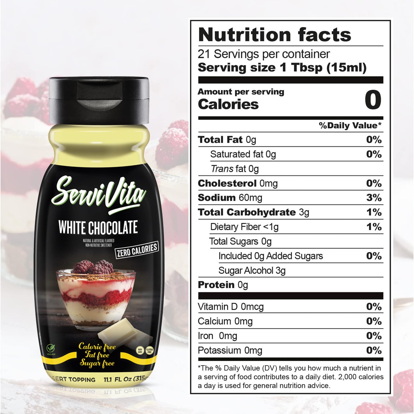 Sugar Free WHITE CHOCOLATE Syrup Zero Calories and Fat Free Topping, 11.1 FL OZ - No Sugar White Chocolate Syrup Dessert Topping Gluten-Free, Non-GMO, Vegan and Keto Friendly - ServiVita