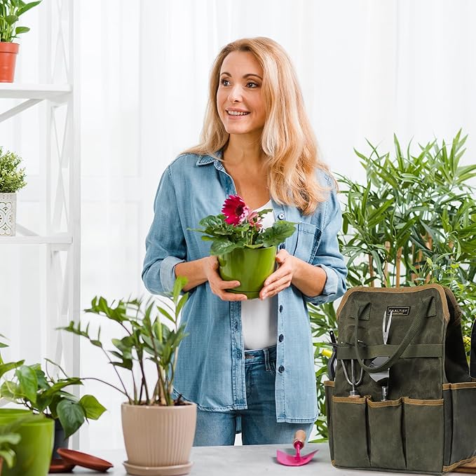 Tool Bag, Heavy Duty 16oz Waxed Canvas Garden Tool Tote - with 3 Inner Slots & 8 Outer Pockets, Multi-Purpose Gardening Tool Storage Bag for Gardener Florist Workshop - Army Green