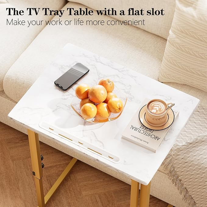 Katrawu Folding tv Tray Dinner Snack Table,6 Height Adjustable Slide Under Couch Side Table, Portable Small Foldable C-Shaped End Table for Eating with Sturdy MDF Top,No Assembly(White Marble+Gold)