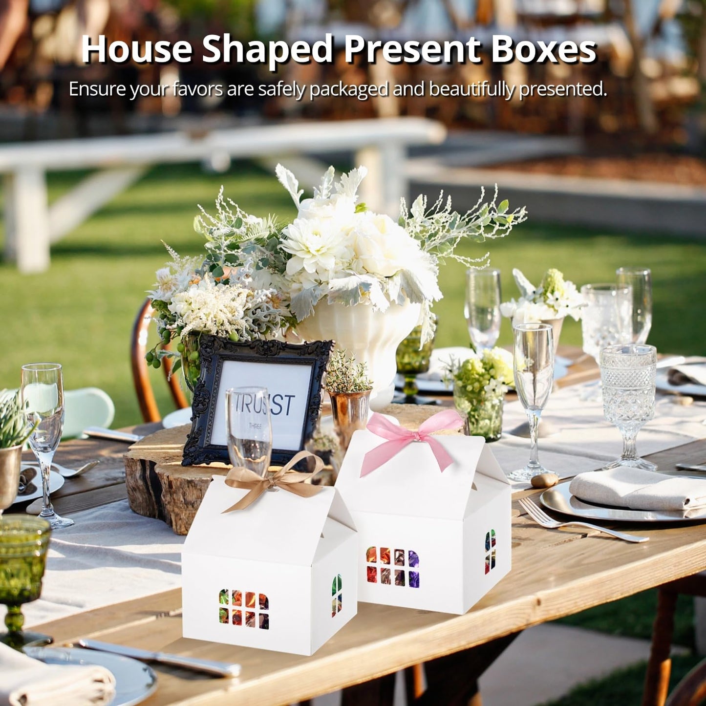 OMISTAR House Shaped Gift Boxes - 50 Pcs House Shaped Paper Bakery Packaging Candy Box With Gold & Pink Ribbons Cardboard Treat Boxes For Present Giving, Candy Boxes For Bridal Shower, Party