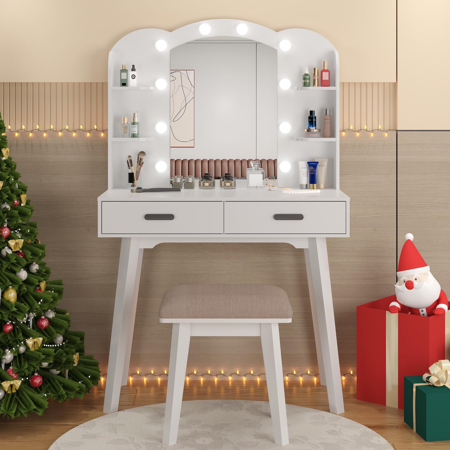 HIULOG Makeup Vanity Desk with Mirror, Vanity Desk with Lights and Mirror, Makeup Vanity with Drawers and Chair White Dressing Table