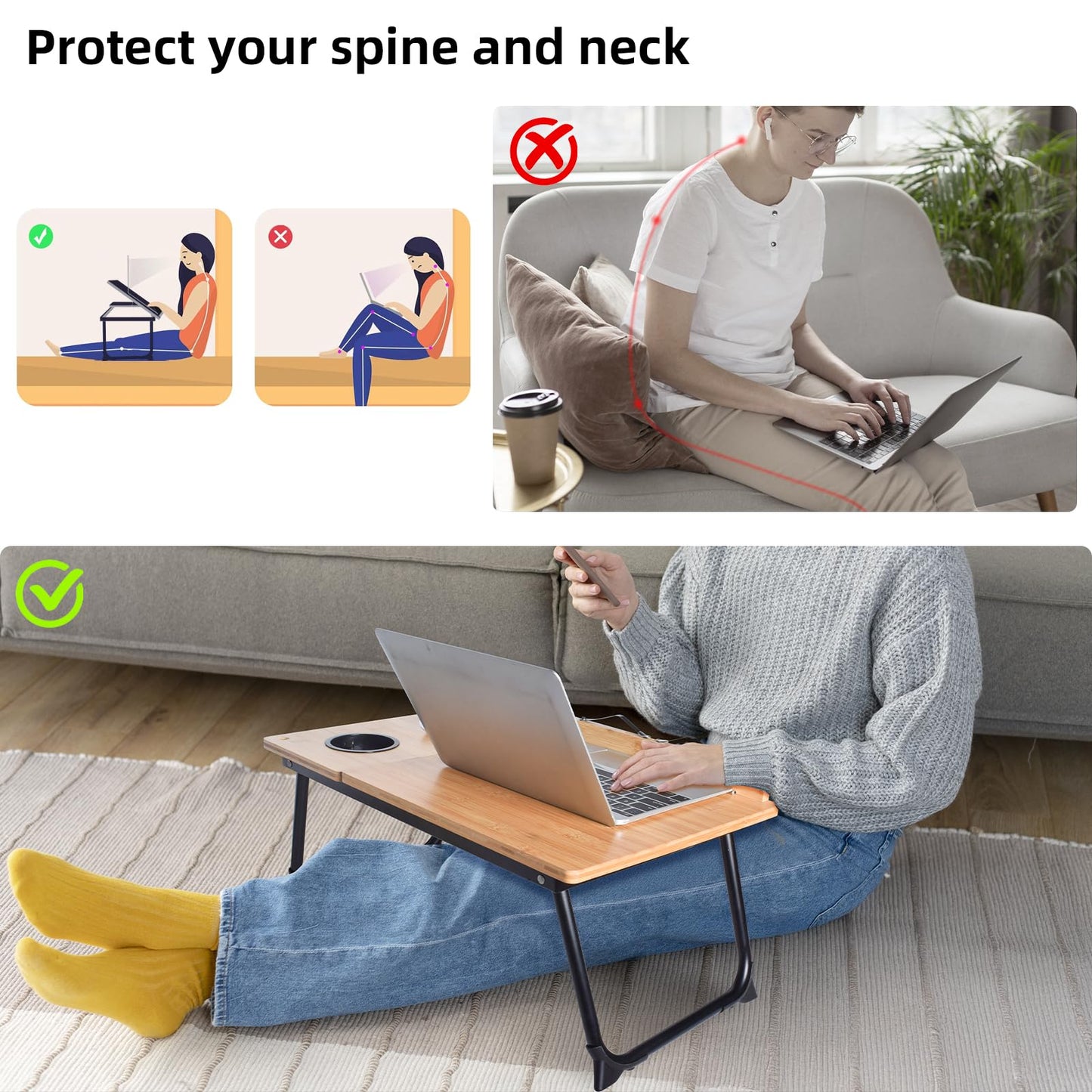 CHURRUP Laptop Lap Desk - Foldable Bamboo Lap Desk with Cup Holder & Breakfast Tray for Bed,Couch, Floor - Working, Eating & More