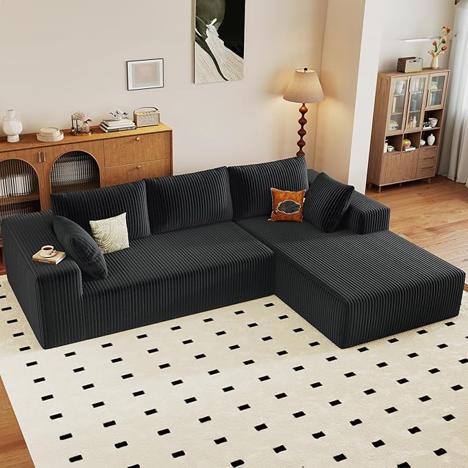 96" Cloud Sectional Couch with L-Shape Chaise, Modern Corduroy Boneless Couch for Living Room,Memory Foam Sofa with Deep Seat,No Assembly Required (Black,Right-Facing Chaise)