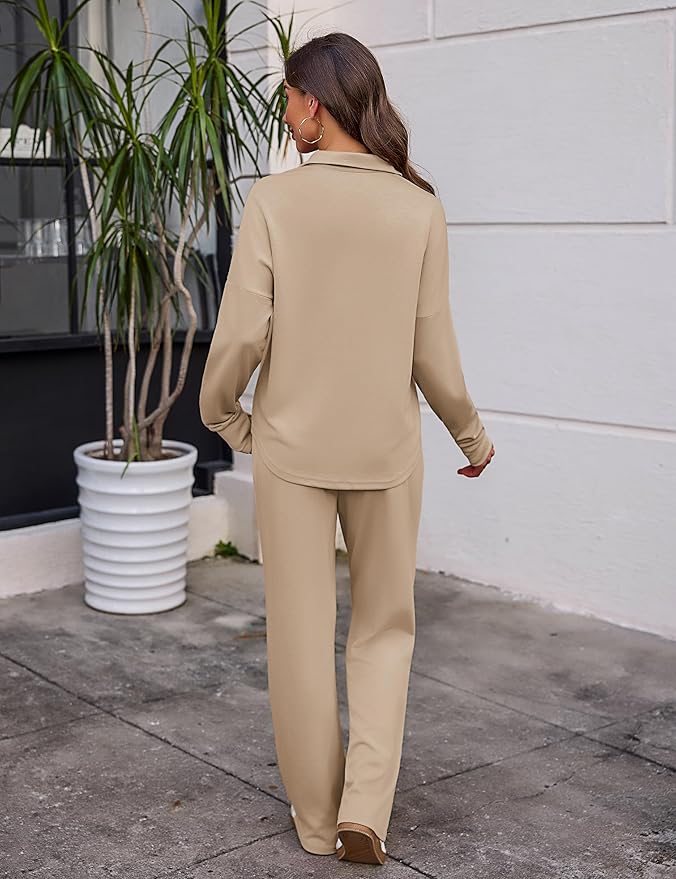 Totatuit Womens Sweatsuits 2 piece Set Lapel Half Zip Lightweight Sweatshirts and Wide Leg Pants Tracksuit Lounge Sets