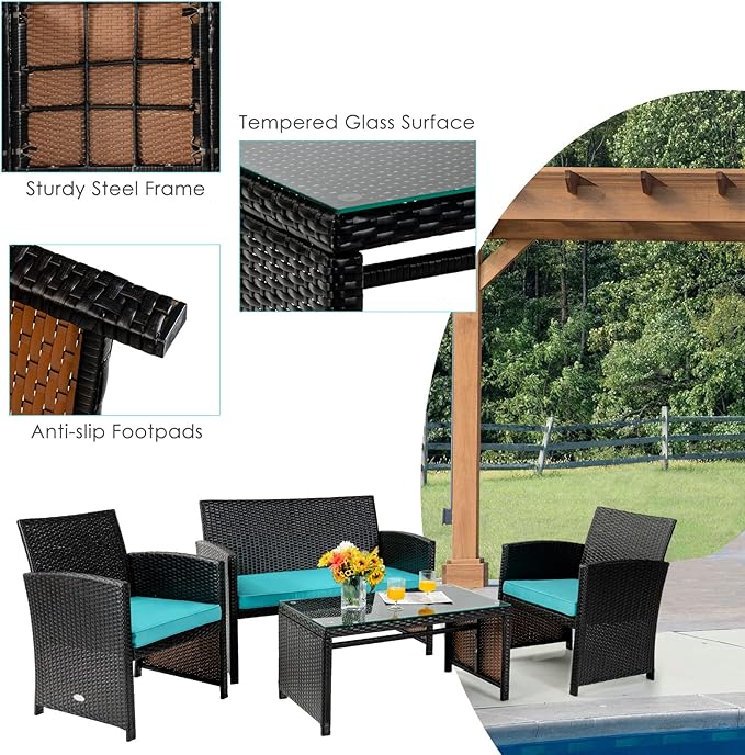 Tangkula 6 Pieces Patio Furniture Set, Outdoor Sectional Conversation PE Rattan Sofa Set with 1 Loveseat, 1 Coffee Table, 2 Armchairs and 2 Ottomans for Garden, Deck, Backyard and Poolside (Turquoise)