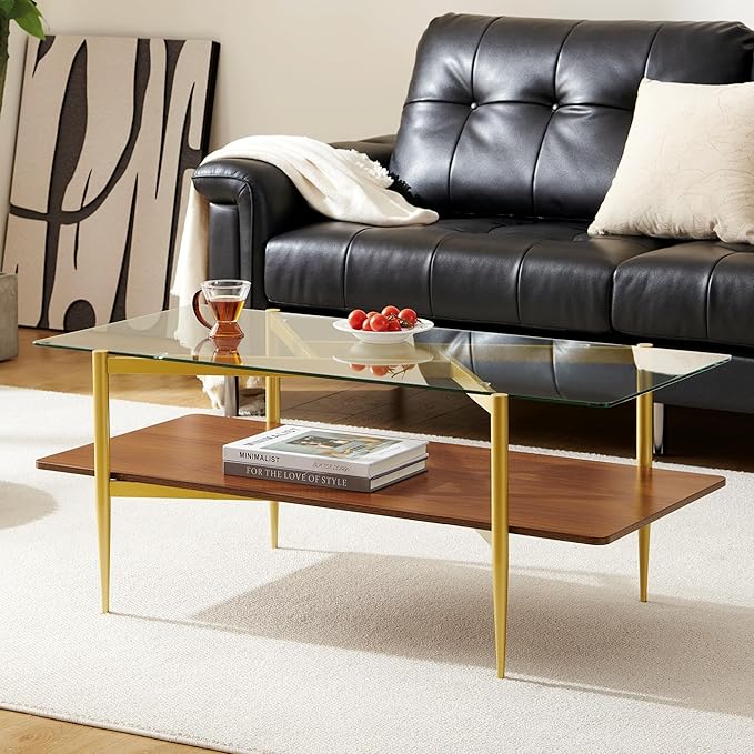 Pine Flicker Rectangle Coffee Table, Mid-Century Modern Design, L41*W21*H17 inch, for Living Room, Clear Glass Top and Walnut Finish Wood Shelf, Conical Metal Legs with Gold Finish