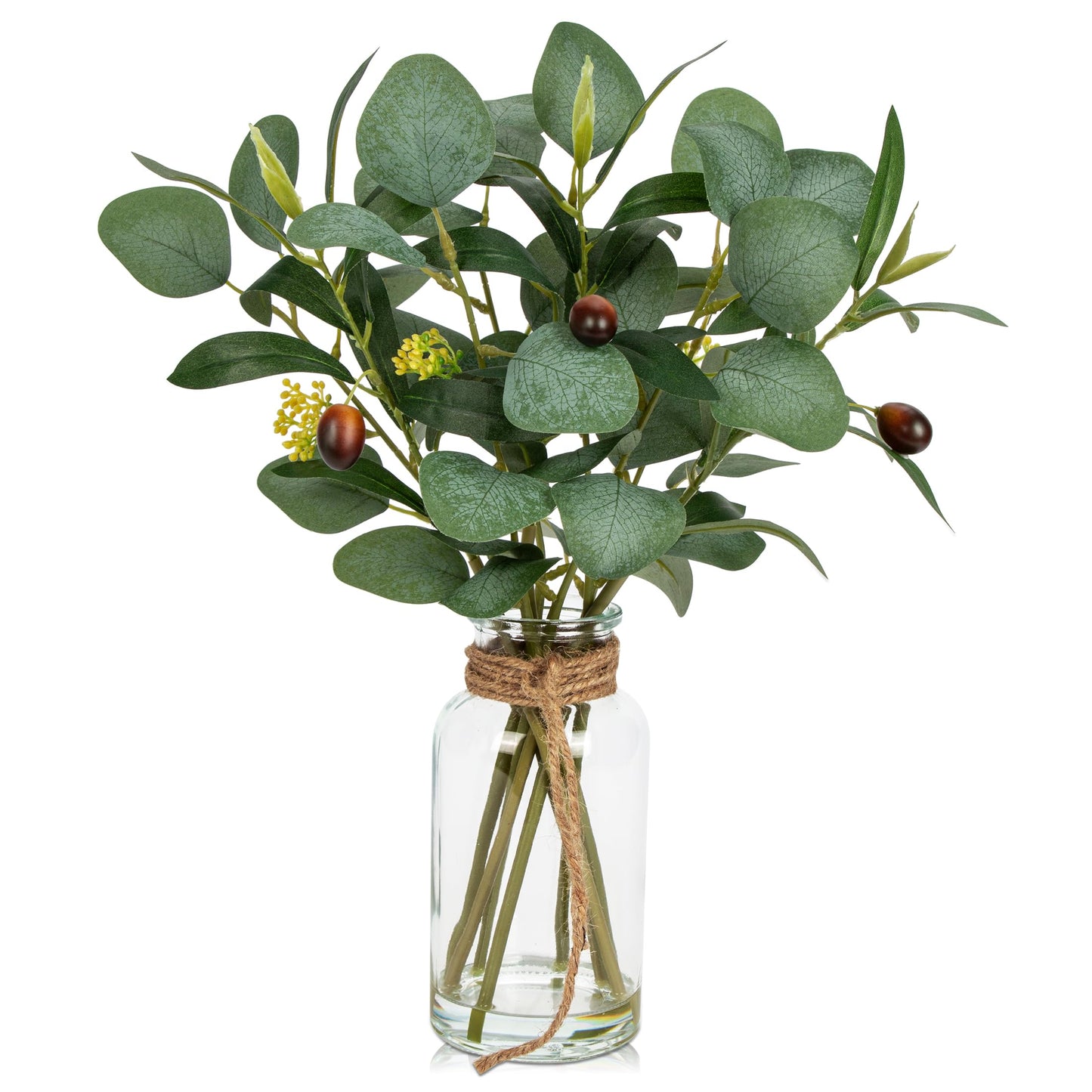 Briful Artificial Eucalyptus Stems in Black Glass Vase with Faux Water, 14" Fake Plant Eucalyptus Leaves for Home Office Farmhouse Wedding Centerpiece Décor