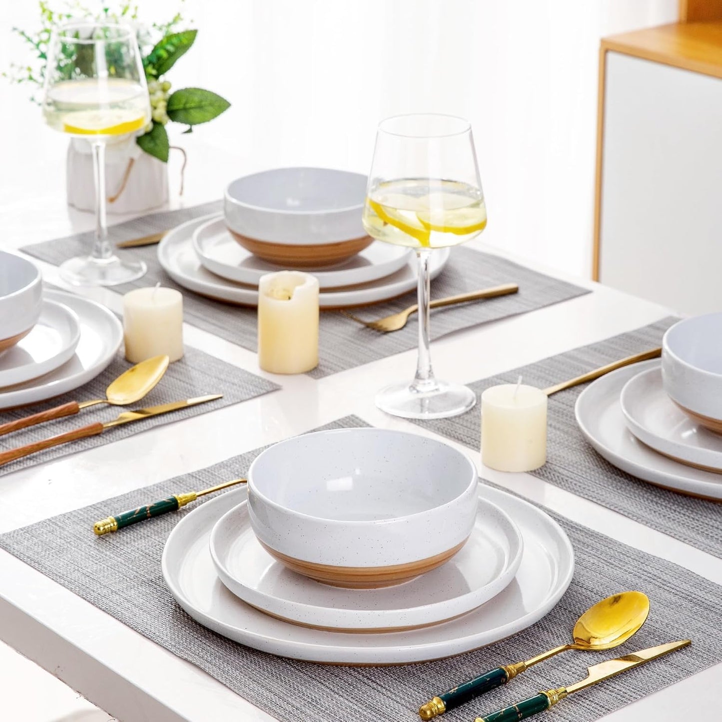 AmorArc Ceramic Dinnerware Sets for 4, 12 Pieces Handpainted Plates and Bowls Set with Rustic Terracotta Underside, Scratch Resistant Stoneware Dishes Set, Dishwasher & Microwave Safe, White