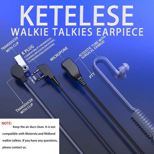 KETELESE Walkie Talkie Earpiece with Mic, Two Way Radio Surveillance Headset with PTT/VOX, 2 Pin Air Acoustic Tube Earpiece, Compatible with Baofeng, Kenwood, Retevis, 6 Pack