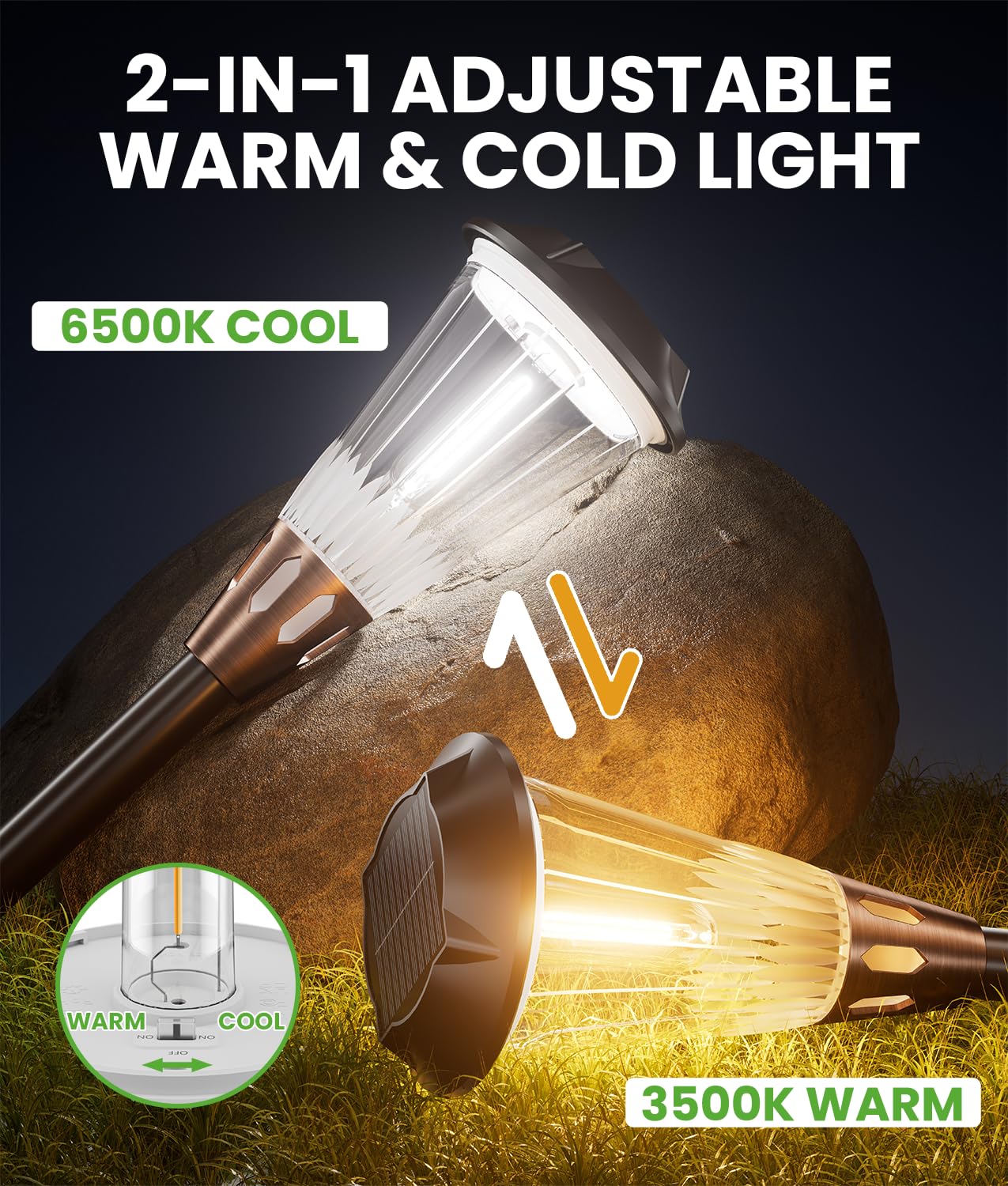 BITPOTT Bright Solar Pathway Lights Outdoor 8 Pack, 2-in-1 Warm&Cool Solar Lights Outdoor, Pathway Landscape Lighting Waterproof IP65, Auto On/Off Outdoor Light for Lawn Patio Walkway Garden Landscape