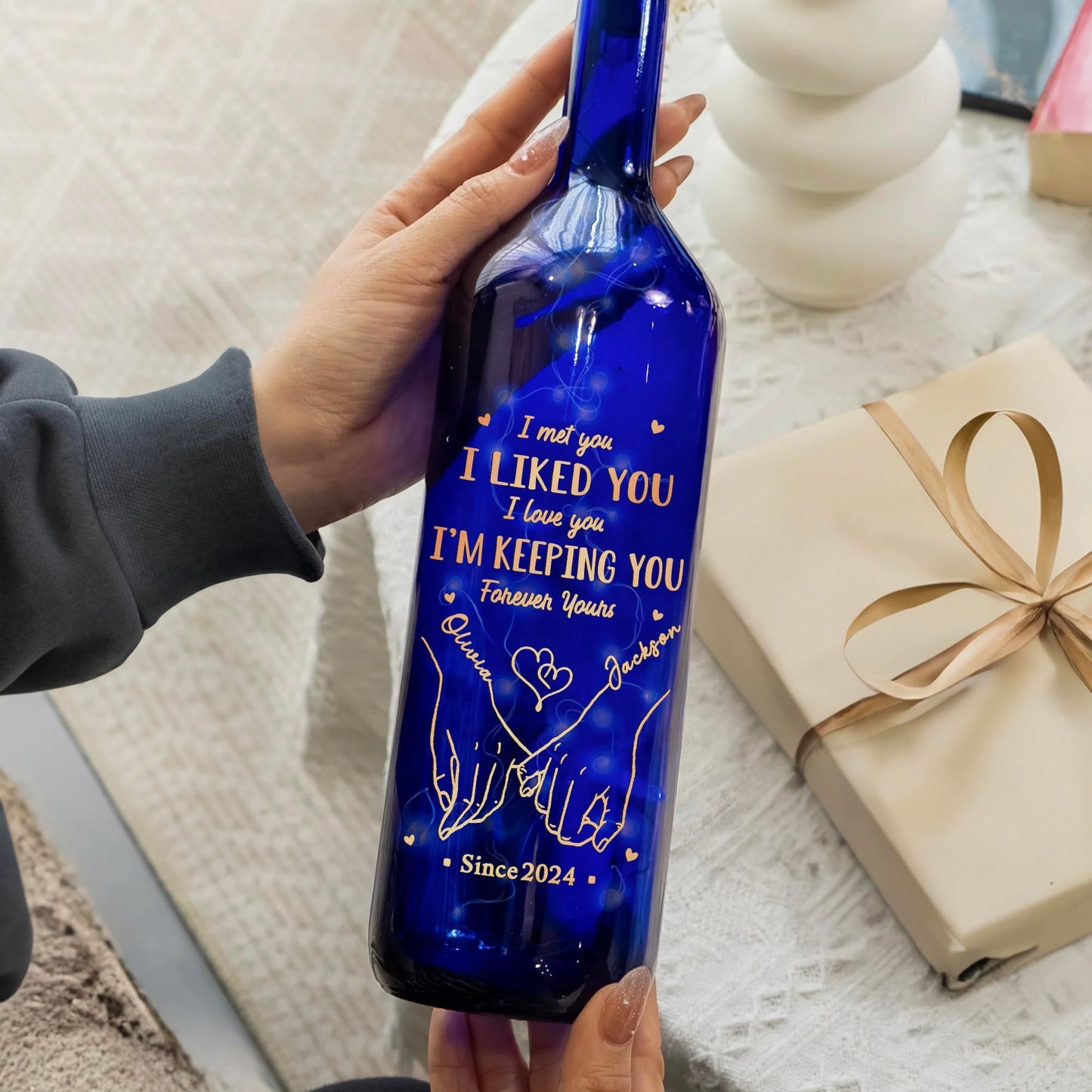 Joy Crafters I Met You I Liked You I Love You - Couple Personalized Blue Bottle Lamp, Custom Wine Bottle Lights, Anniversary Wedding Gifts for Couples 2025, Birthday Gifts for Women Wife Girlfriend