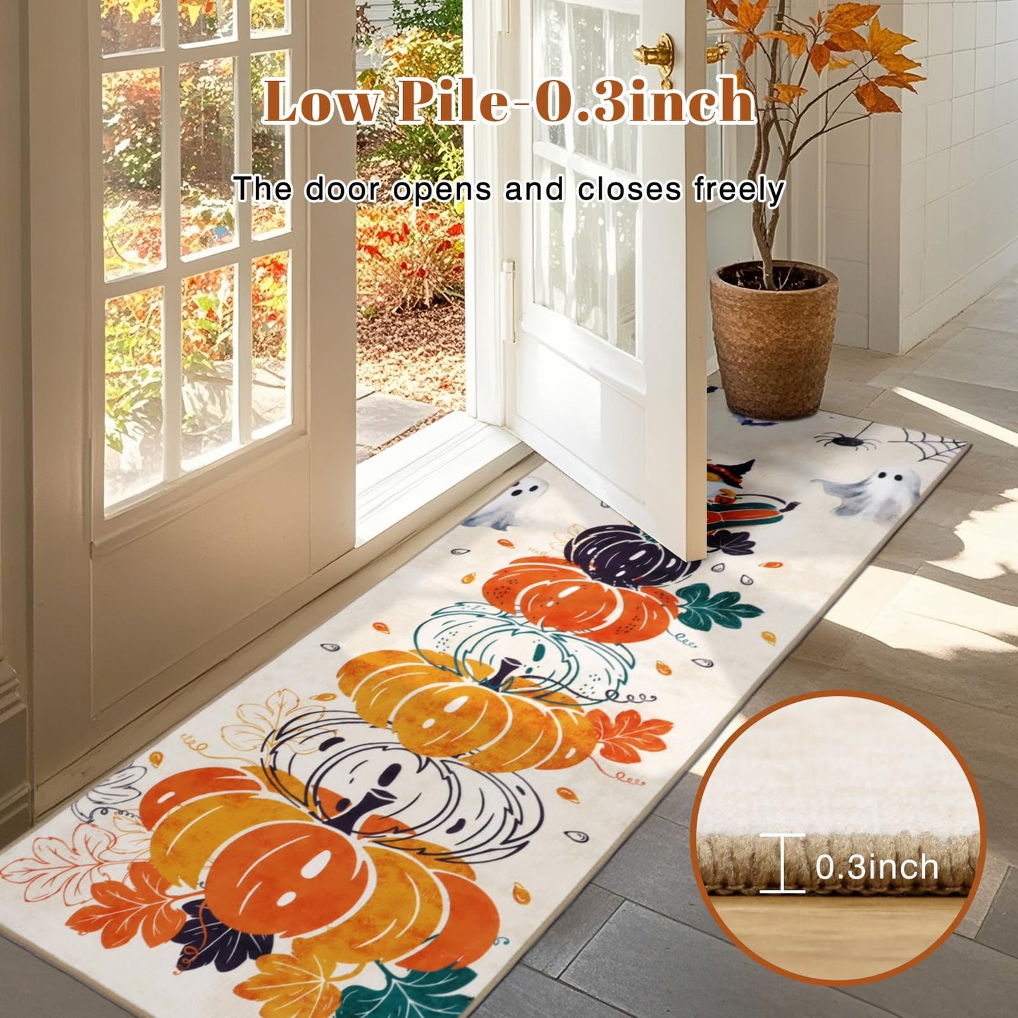 Geanlod Pumpkin Fall Runner Rugs for Hallway 2x6Ft Non Slip, Autumn Halloween Washable Kitchen Rug Runners, Beige Low Pile Bedroom Floor Carpets for Entryway Laundry Bathroom Living Room Holiday Decor