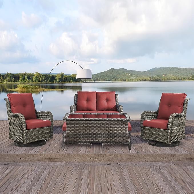 Rilyson Wicker Patio Furniture Set - 6 Piece Rattan Outdoor Sectional Conversation Sets with 2 Swivel Rocking Chairs,2 Ottomans,1 Loveseat and 1 Coffee Table for Porch Deck Garden(Mixed Grey/Red)