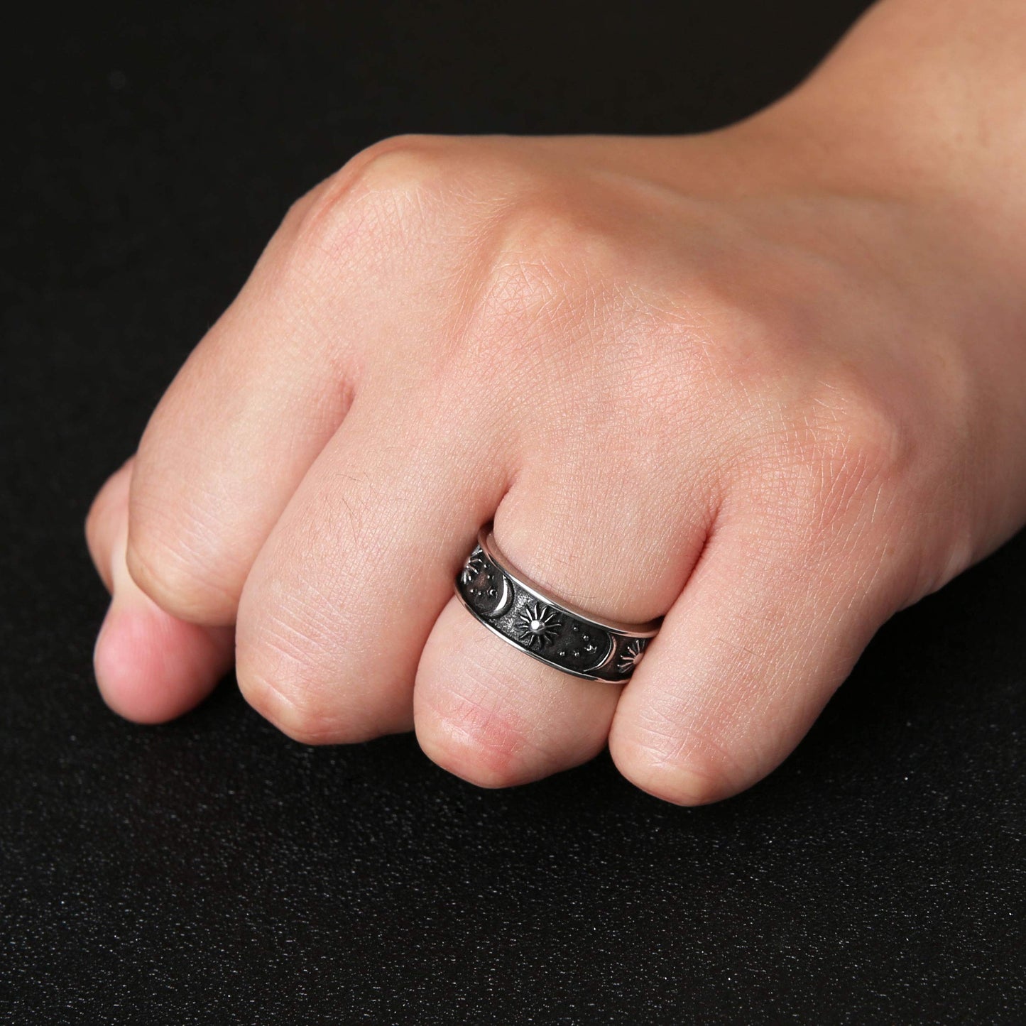 HZMAN 8mm Moon Star Sun Statement Ring Stainless Steel Boho Jewelry for Women Men (Silver, 5)