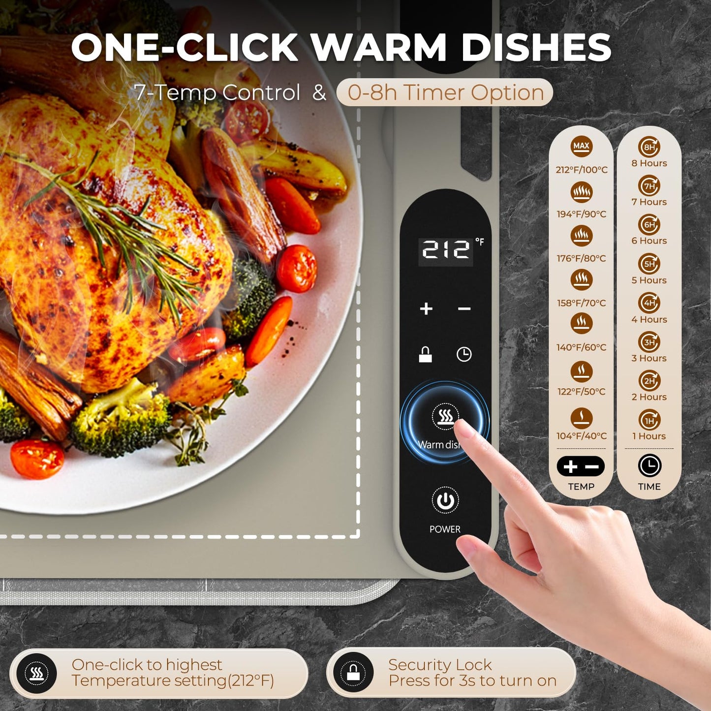 Homelove Warming Mat for Food - Fast Full Surface Electric Warming Tray with 7 Temp-Settings & 8H Timer, Portable Roll Up Food Warmer with Heat Insulation Pad for Gatherings Parties Buffet XXL-Khaki