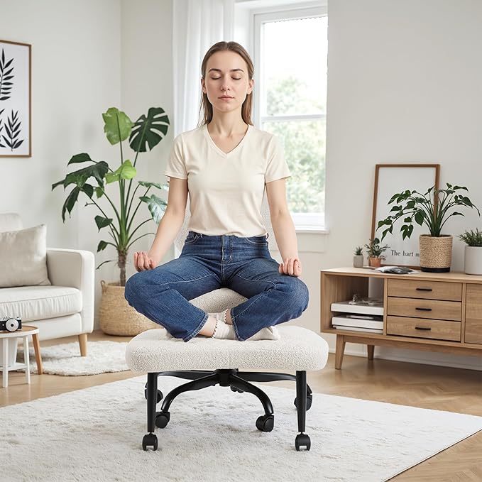 Homall Ergonomic Cross Legged Office Desk Chair with Wheels, 360° Swivel and Adjustable Height for Meditation and ADHD,Criss Cross Kneeling Chair with Lumbar Support (Teddy Fabric, White)
