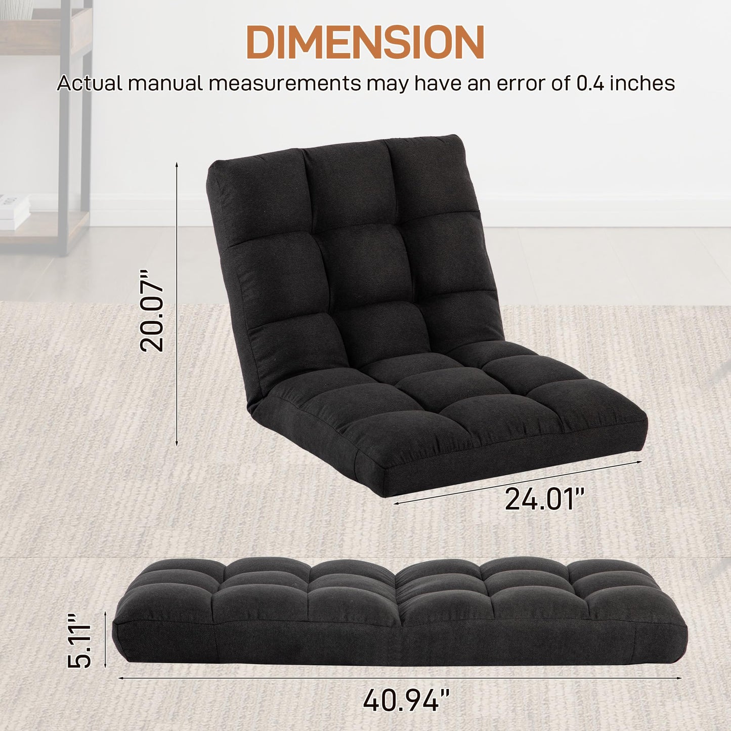 YI DANICA Floor Chair with Back Support Folding Chair with 6 Adjustable Position, Padded Sleeper Bed, Floor Gaming Chair, Meditation Chair, Gaming Floor Chairs for Adults (Country Rustic, Black)