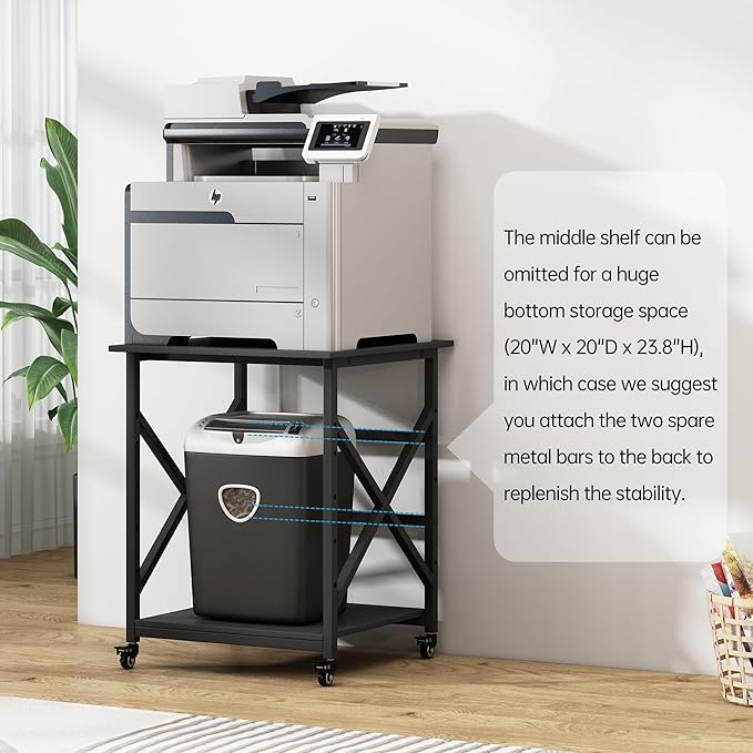 Fannova Printer Stand, 23.6 x 23.6 x 30.1 Inches Large Square Printer Table with Height Adjustable Storage Shelf, 3 Tier Rolling Printer Cart with Industrial Wheels for Home Office - Black