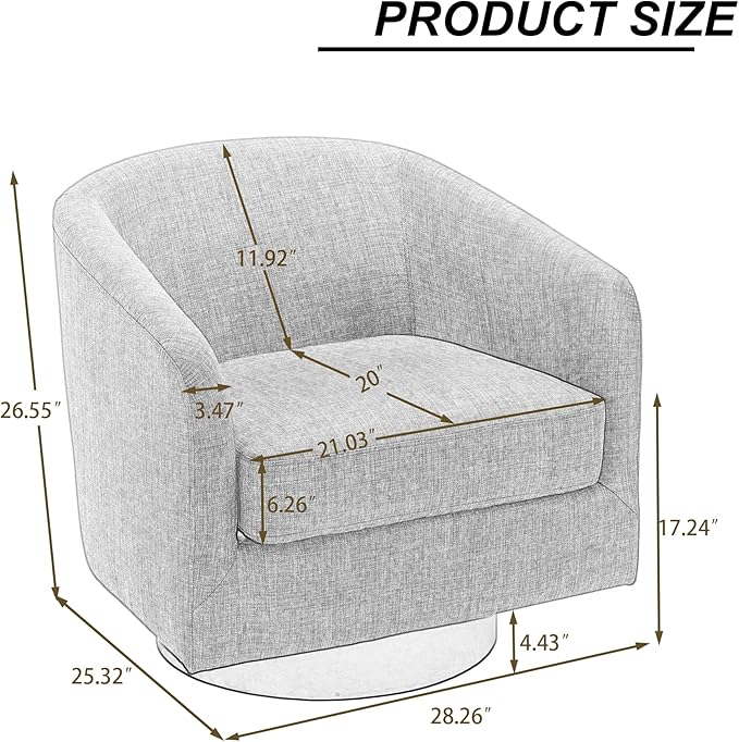 UIXE Swivel Accent Chair, Chenille Barrel Chairs Upholstered Armchair for Living Room, Modern Round Arm Chair Small Single Sofa Bedroom Reading Seat - Light Gray