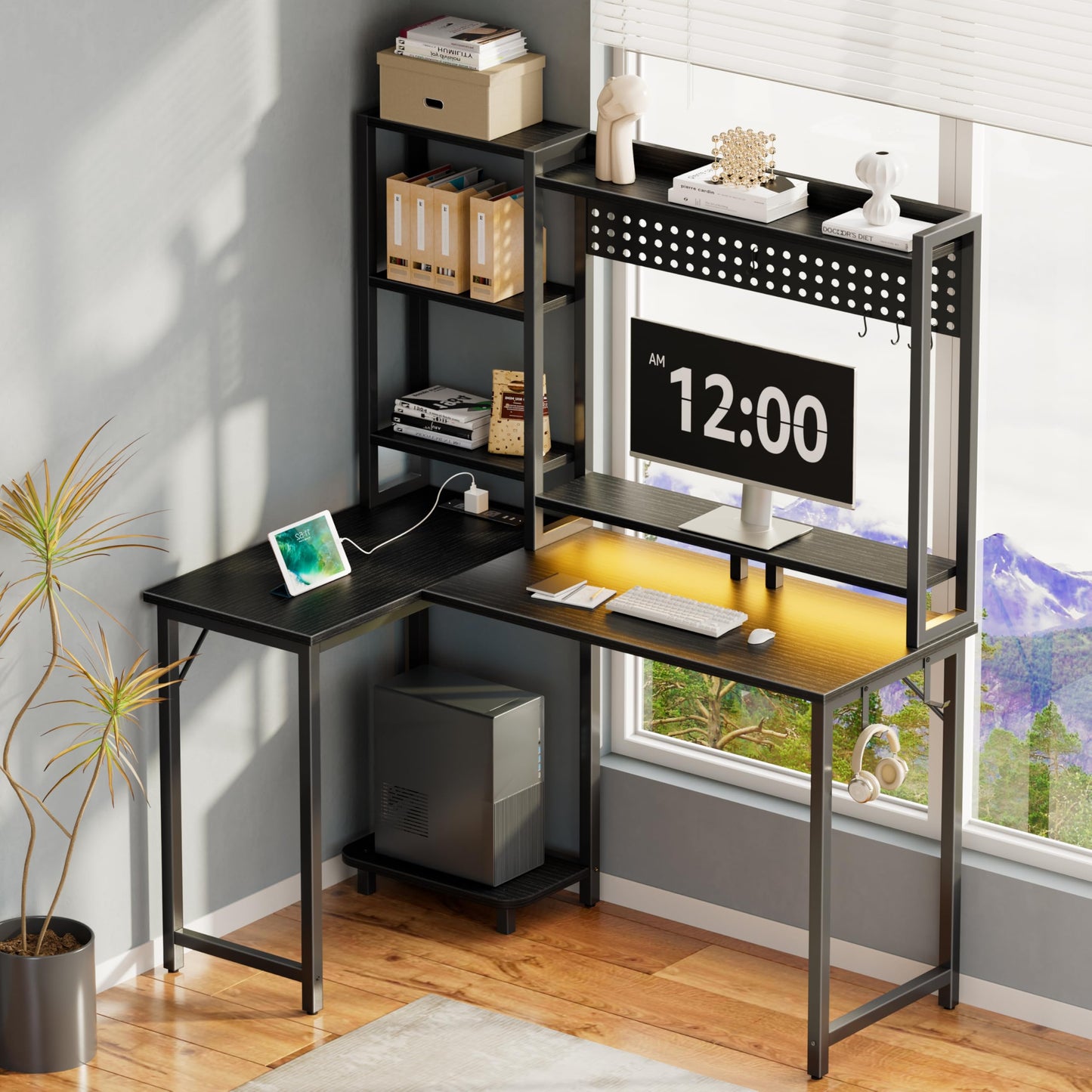 MEUIS L Shaped Gaming Desk with Shelves - 48 inch Corner Computer Desks with Storage Hutch Shelf Reversible Pegboard Led Lights Power Outlets PC Monitor Stand for Bedroom, Black