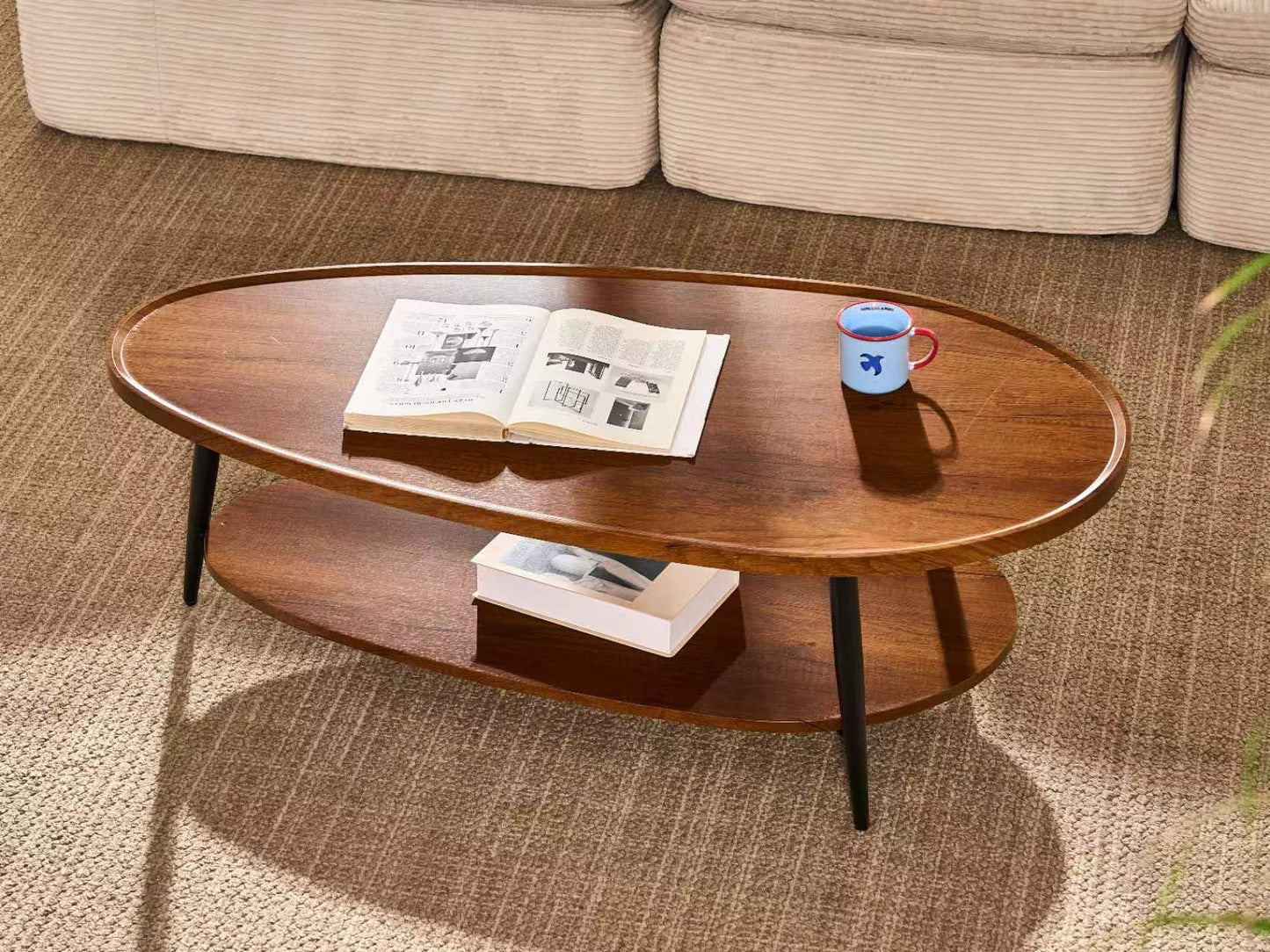 Shrine Oval Coffee Table, Mid-Century Modern Coffee Table, Brown Walnut Wood Table for Living Room, D47''x W23.6''x H15'', Sleek Conical Metal Legs with Black Finish